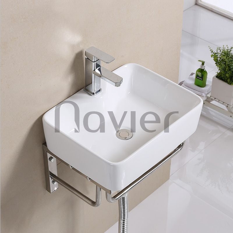 Mẫu 1: Chậu lavabo vuông đặt bàn sứ trắng chính vòi Navier NV-403