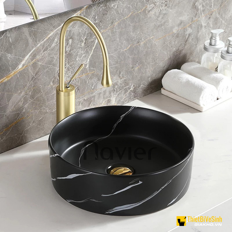 Mẫu 3: Chậu lavabo đặt bàn màu đen dạng tròn Navier NV-439D