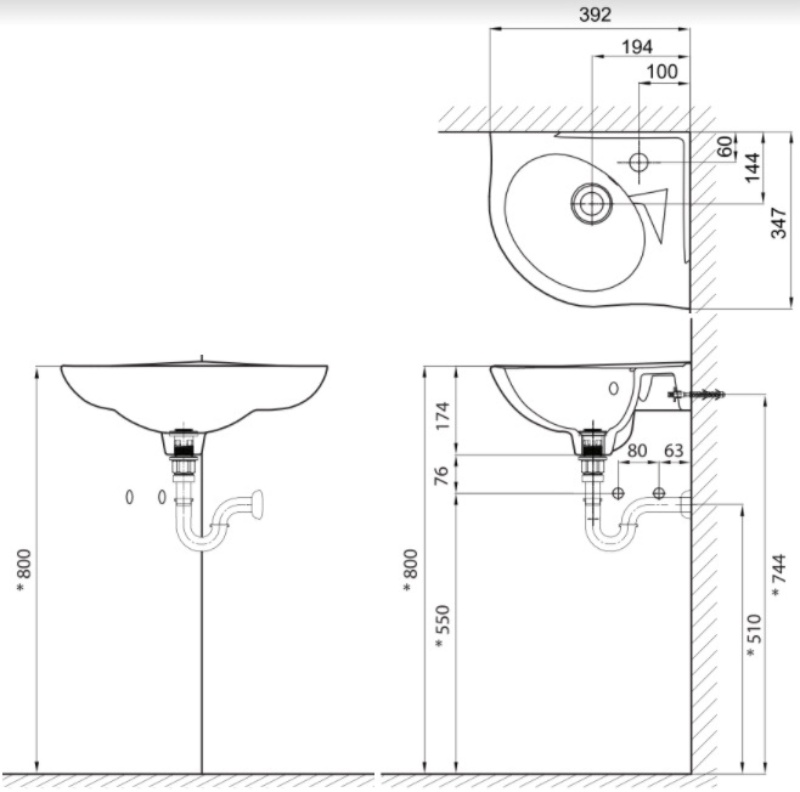 Bản vẽ kỹ thuật chi tiết của sản phẩm lavabo góc L-281V của INAX.