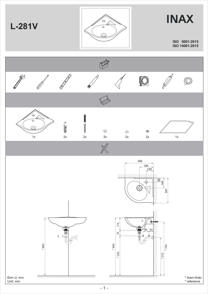 Bước 1: Chuẩn bị dụng cụ cần thiết như hình vẽ để tiến hành lắp đặt chậu rửa góc. Chúng tôi khuyến khích Quý khách nên cân nhắc để kỹ thuật viên có tay nghề đảm nhiệm công việc này.