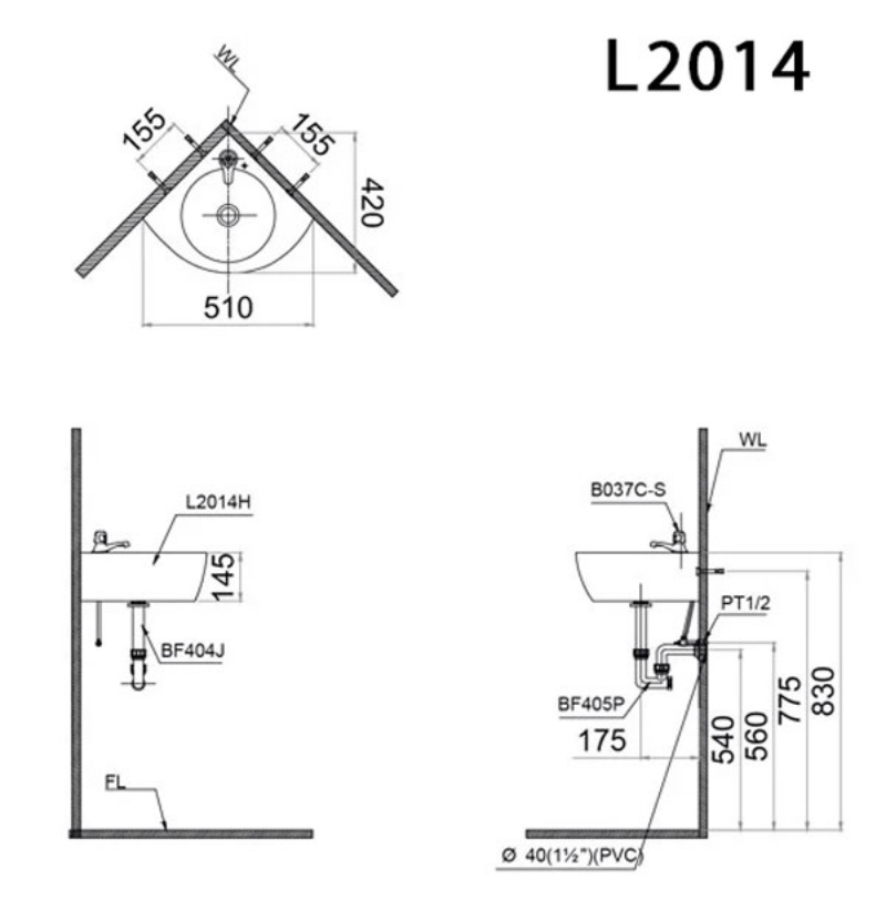 Bản vẽ kỹ thuật chi tiết kích thước của lavabo Caesar L2014.