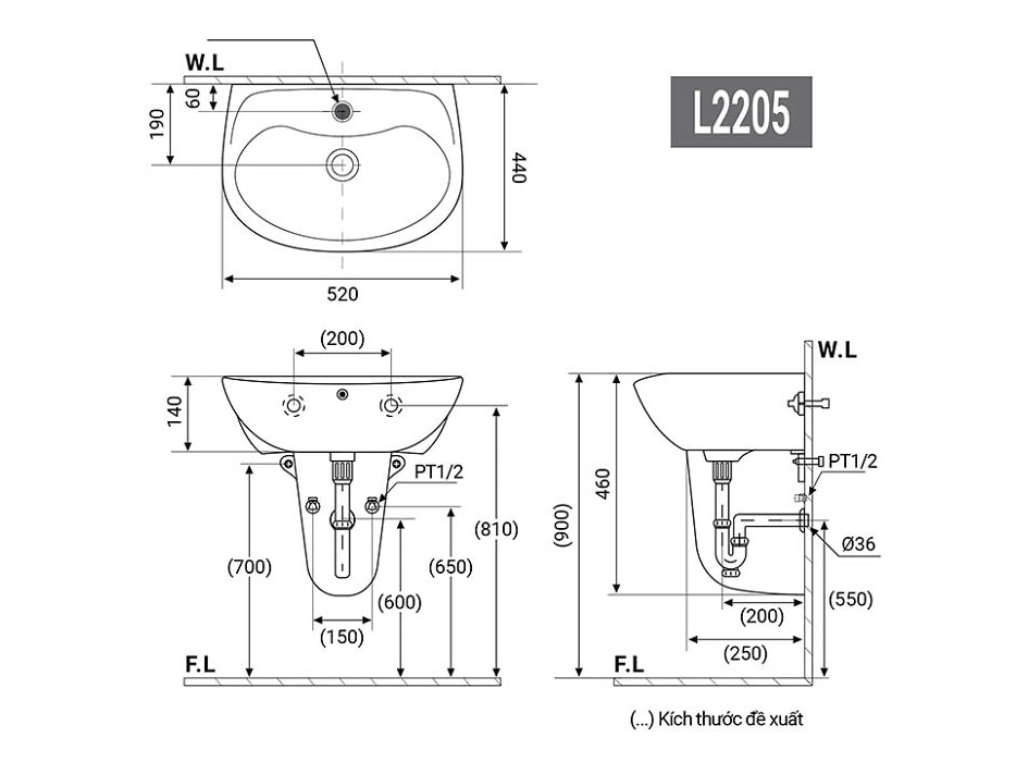 Bản vẽ kỹ thuật kích thước lắp đặt của lavabo treo tường.