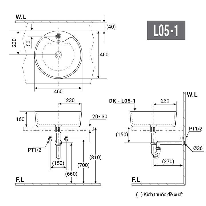 Bản vẽ kích thước lavabo nhỏ đặt bàn