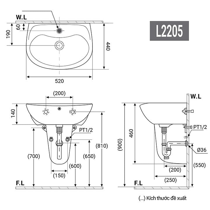 Mẫu bản vẽ kích thước lavabo nhỏ treo tường