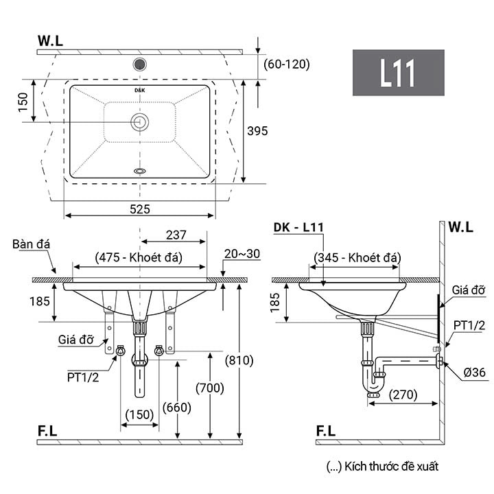 Mẫu bản vẽ kỹ thuật của kích thước lavabo nhỏ âm bàn