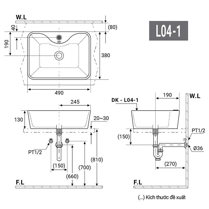 Bản vẽ kích thước lavabo loại nhỏ vuông