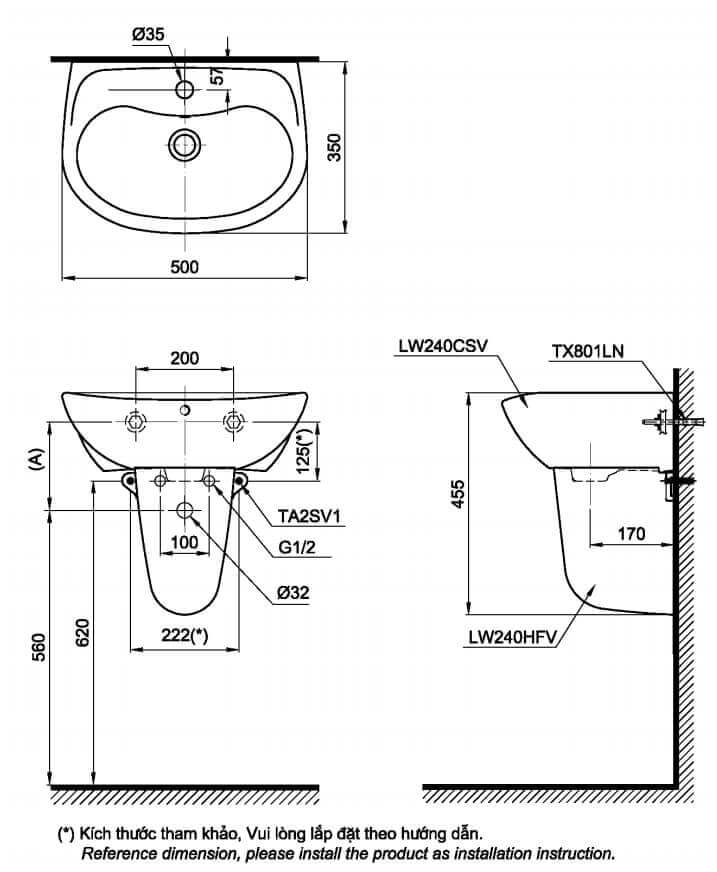 Bản vẽ kích thước lavabo chân lửng