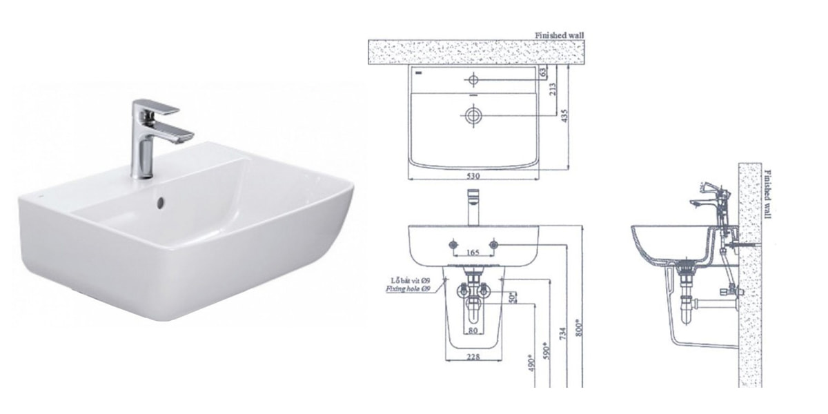 Bản vẽ kích thước lavabo INAX thông dụng