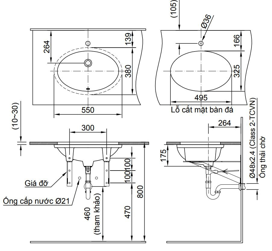 Bản vẽ kỹ thuật về kích thước lavabo âm bàn tiêu chuẩn