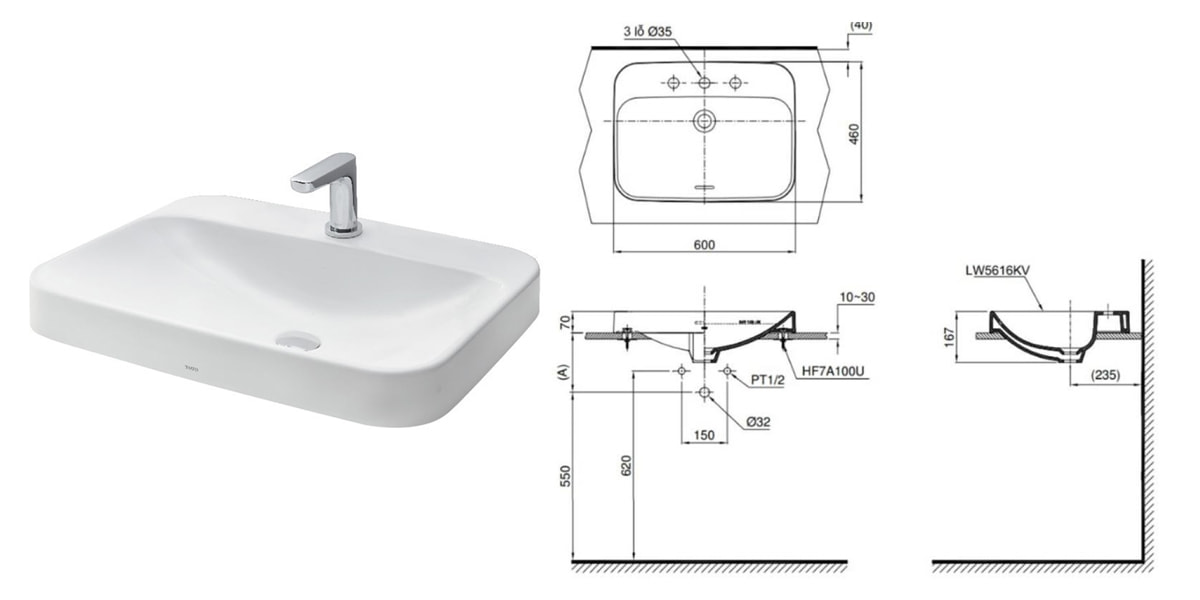 Bản vẽ kích thước lavabo nổi hay lavabo đặt bàn