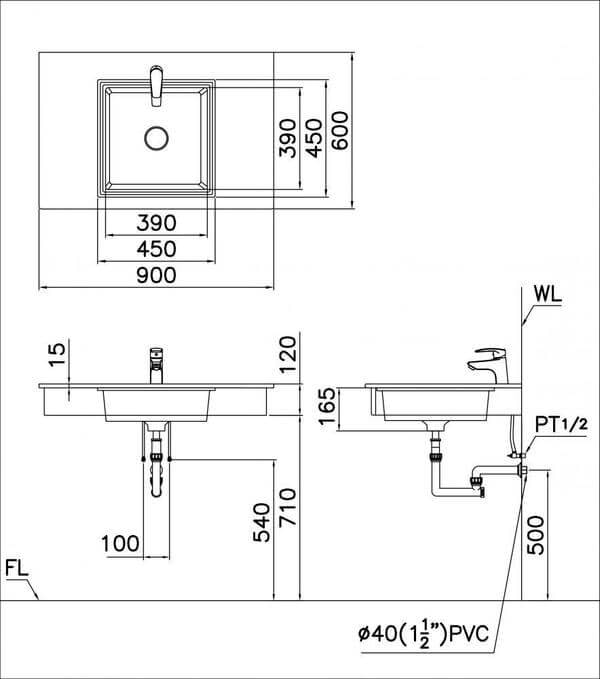 Mẫu bản vẽ kích thước chậu rửa mặt vuông chuẩn