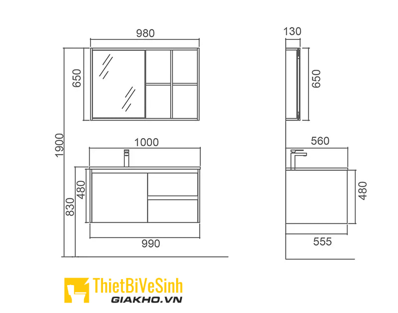 Bản vẽ kích thước tủ chậu lavabo treo tường tiêu chuẩn