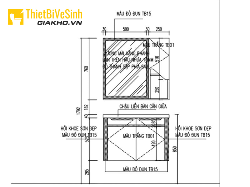 Kích thước tiêu chuẩn của tủ lavabo treo tường dương bàn (đặt bàn)