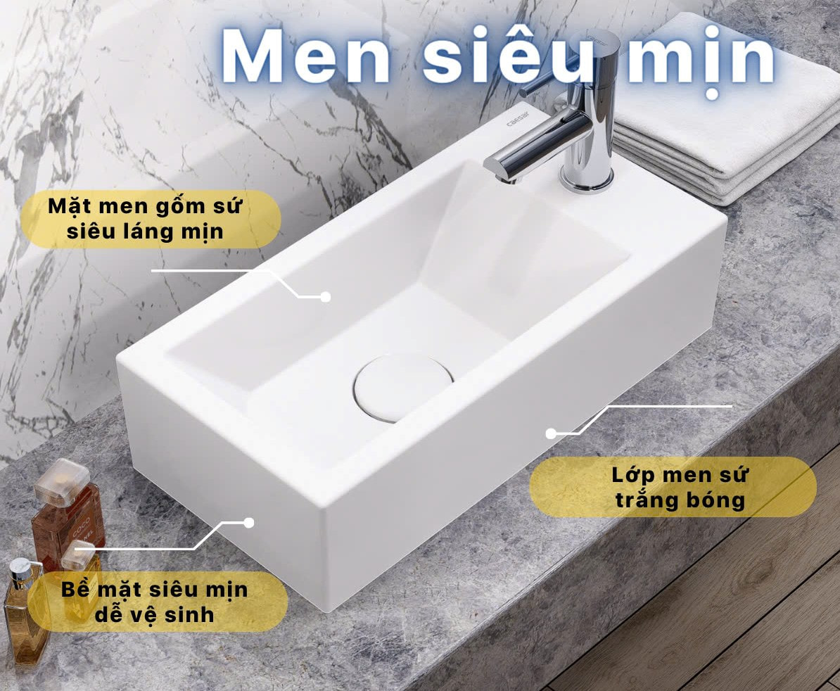 Lavabo góc Caesar LF5239S có thiết kế hình chữ nhật hiện đại cùng lớp men sứ trắng bóng, láng mịn đem đến nét đẹp khó cưỡng cho sản phẩm này.