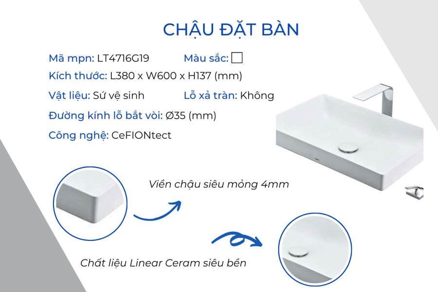 Chậu lavabo đặt bàn TOTO được làm từ chất liệu Linear Ceram siêu bền, đẹp.