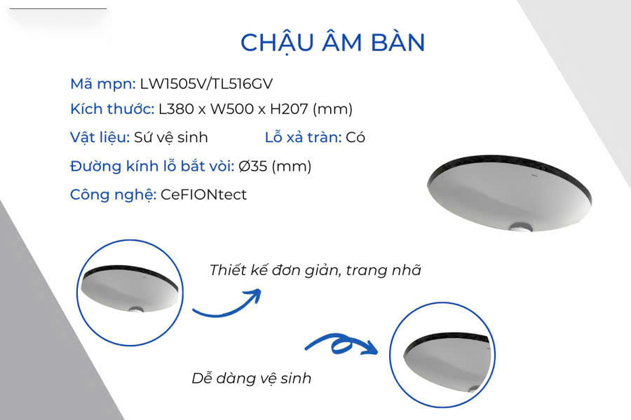 Bồn rửa mặt cao cấp TOTO âm bàn có thiết kế đơn giản và trang nhã, dễ dàng vệ sinh.