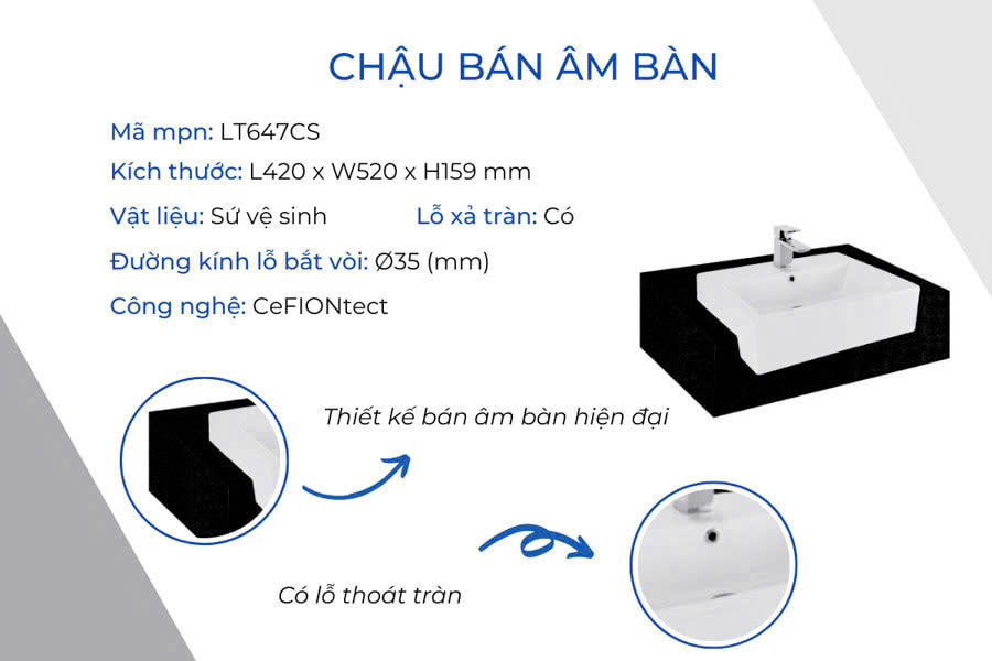 Mẫu bồn rửa TOTO được thiết kế bán âm bàn vô cùng hiện đại và có lỗ thoát tràn đảm bảo tiện lợi khi sử dụng.