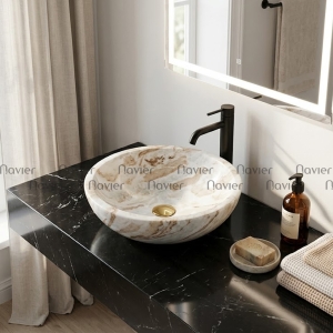 Chậu Lavabo Đá Tự Nhiên Trắng Torento Ấn Độ Dáng Tròn Mỏng Navier NV-TTA01