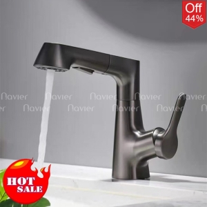 Vòi lavabo nóng lạnh đầu dây rút thân xoay 360 xám Navier NV-635X