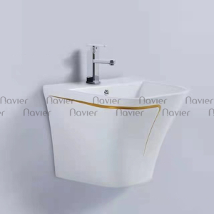 Chậu lavabo liền khối vuông treo tường trắng viền vàng Navier NV-422V