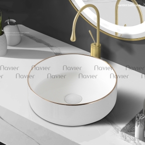 Chậu lavabo đặt bàn tròn sứ trắng viền vàng Navier NV-339N