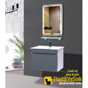 Bộ Tủ Chậu Lavabo PVC Xám Phủ Acylic Kèm Gương LED Navier NV-556