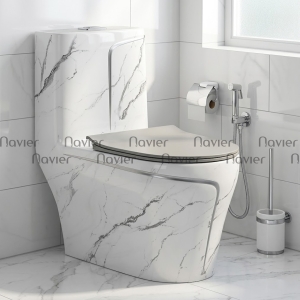 Bồn Cầu 1 Khối Vân Mây Nắp Xám Viền Đen Cao Cấp Navier NV-1007XK