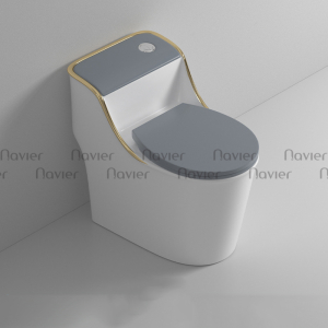 Bồn Cầu 1 Khối Nắp XÁM Nút Lệch Viền Vàng Navier NV-1013TX