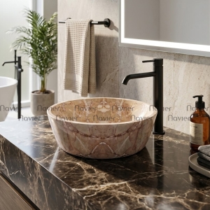 Chậu Lavabo Đá Tự Nhiên Hồng Ý Dáng Tròn Dày Cao Cấp Navier NV-BST30