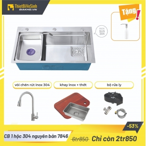 Combo Chậu Rửa Chén 1 Hộc Inox 304 Sơn Xanh Đúc Kèm Vòi Rửa Chén Nóng Lạnh Đầu Rút Navier DLKMNV05