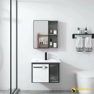 Bộ Tủ Chậu Lavabo Nhôm Xám Kèm Tủ Gương Cánh Kính Navier NV-471XT