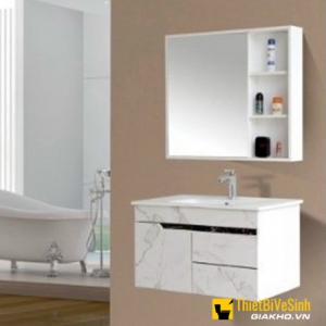 Bộ Tủ Chậu Lavabo PVC Vân Mây Trắng Kèm Tủ Gương Navier NV-476T