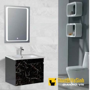 Bộ Tủ Chậu Lavabo PVC Đá Đen Kèm Gương LED Navier NV-520D