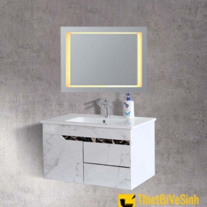 Bộ Tủ Chậu Lavabo PVC Vân Đá Trắng Kèm Gương LED Navier NV-476TL