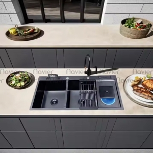 Siêu Sale Thanh Lý Chậu chén 2 ngăn nano có hố rác inox 201 cao cấp Navier NV-10048RDT