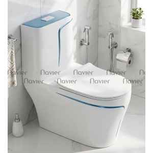 Bồn Cầu 1 Khối Navier Trắng Viền Xanh Cao Cấp NV-1007VX