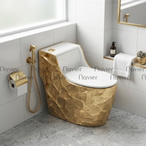 Bồn Cầu 1 Khối Vàng Nắp Trắng Nút Xả Lệch Navier Nv-1033NT