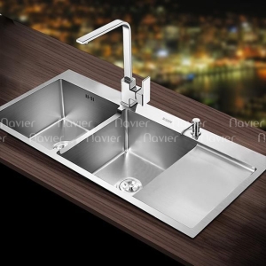 Chậu chén 2 ngăn đều liền khay inox 304 chuẩn 100% Navier NV-12050C304