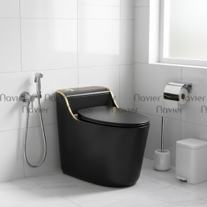Bồn Cầu 1 Khối Đen Viền Vàng Nút Lệch Navier NV-1030D