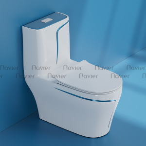 Bồn Cầu 1 Khối Navier Trắng Viền Xanh Cao Cấp NV-1007VX