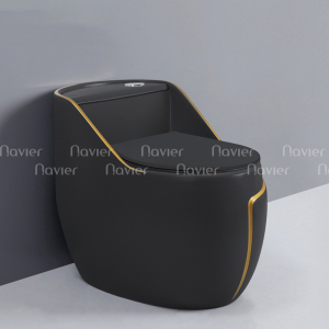 Bồn Cầu 1 Khối Đen Viền Vàng Nút Xả Lệch Navier NV-1051D