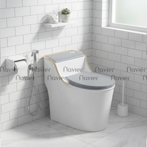 Bồn Cầu 1 Khối Nắp XÁM Nút Lệch Viền Vàng Navier NV-1013TX