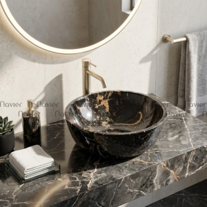 Chậu Lavabo Đá Tự Nhiên Nâu Ý Dáng Tròn Dày Cao Cấp Navier NV-BST32