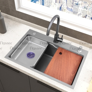 Chậu rửa chén 1 hộc lớn inox phủ nano xám kèm khay Navier NV-7846XKT