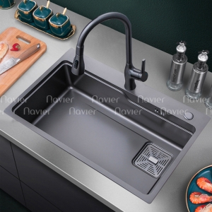 Chậu rửa chén 1 hộc lớn inox phủ nano đen kèm khay Navier NV-7545DKT