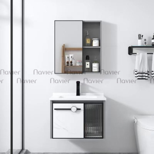 Bộ Tủ Chậu Lavabo Nhôm Xám Kèm Tủ Gương Cánh Kính Navier NV-471XT