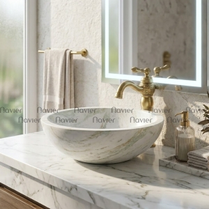 Chậu Lavabo Đá Tự Nhiên Onyx trắng Alaska Vân Xanh Dáng Tròn Mỏng Navier NV-ON81 