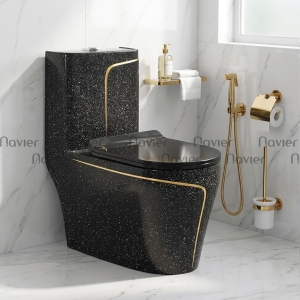 Bồn Cầu 1 Khối Đen Kim Sa Viền Vàng Cao Cấp Navier NV-1008DKV