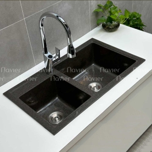 Siêu Sale Thanh Lý Chậu rửa chén đá nhân tạo 2 hộc lệch đen Navier NV-8548LD