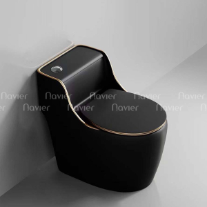 Bồn Cầu 1 Khối Đen Viền Vàng Nút Lệch NV-1013D
